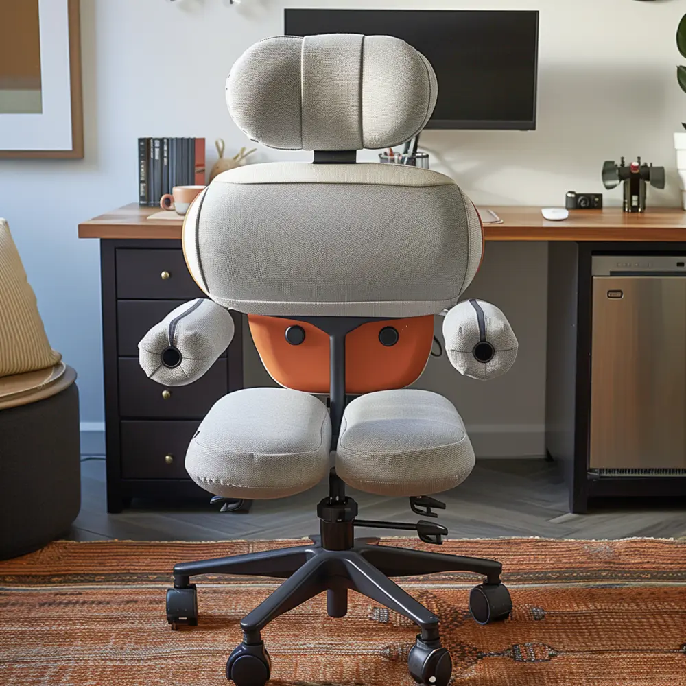 An ergonomic office desk chair with a unique design sits in front of a desk featuring a monitor and speakers. The chair boasts a gray and orange color scheme with separate cushioned sections, seamlessly blending style and comfort for the modern workspace.