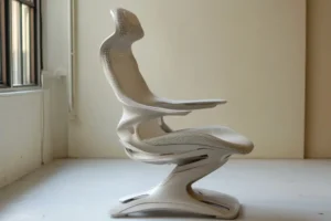 A modern ergonomic chair boasts a sleek, futuristic design, perfectly complementing the neutral tones of the room.
