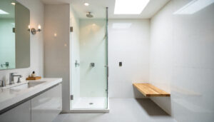 Modern bathroom with white tiles, a glass-enclosed shower featuring expert bathroom waterproofing, a double-sink vanity, wall mirror, and a wooden bench under a skylight.