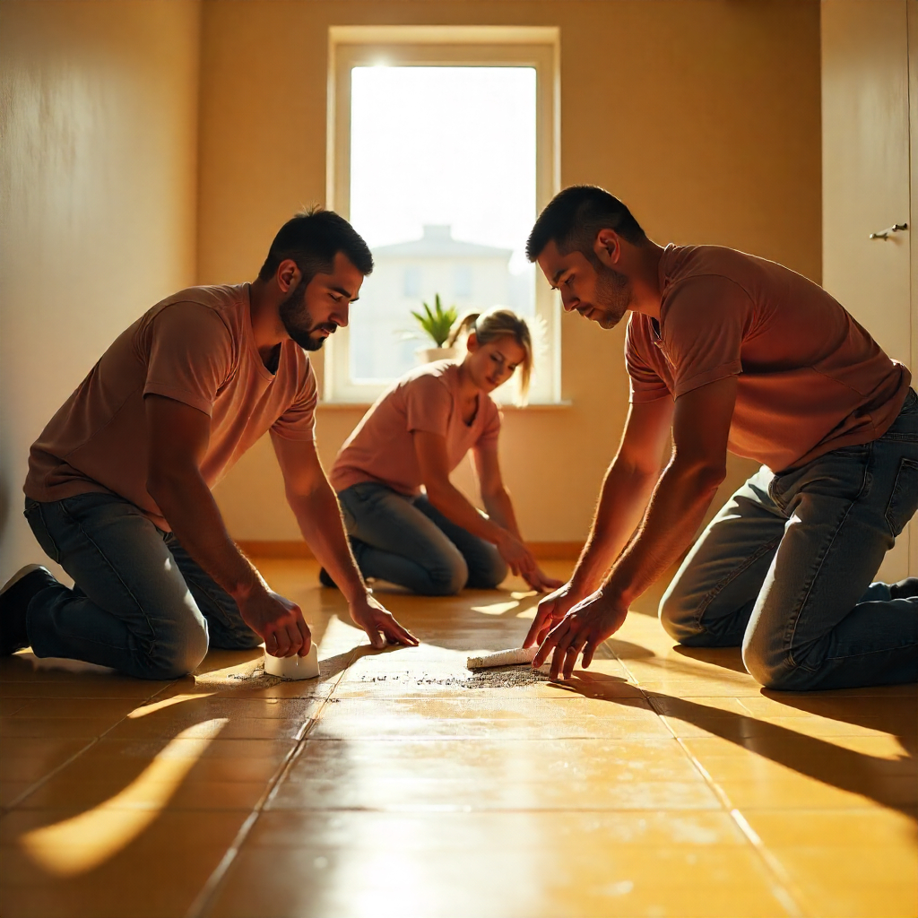 Three people kneel on the floor in a sunlit room, working on bathroom waterproofing or cleaning tiles, with a window and a potted plant in the background.
