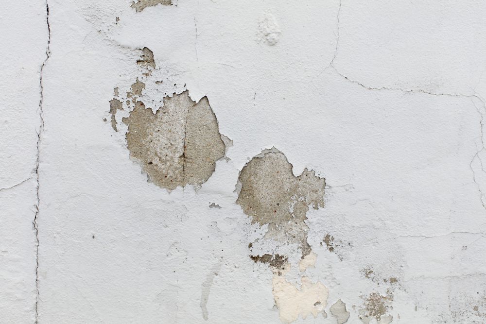 A white wall with areas of peeling paint revealing concrete, displaying signs of water seepage in walls.